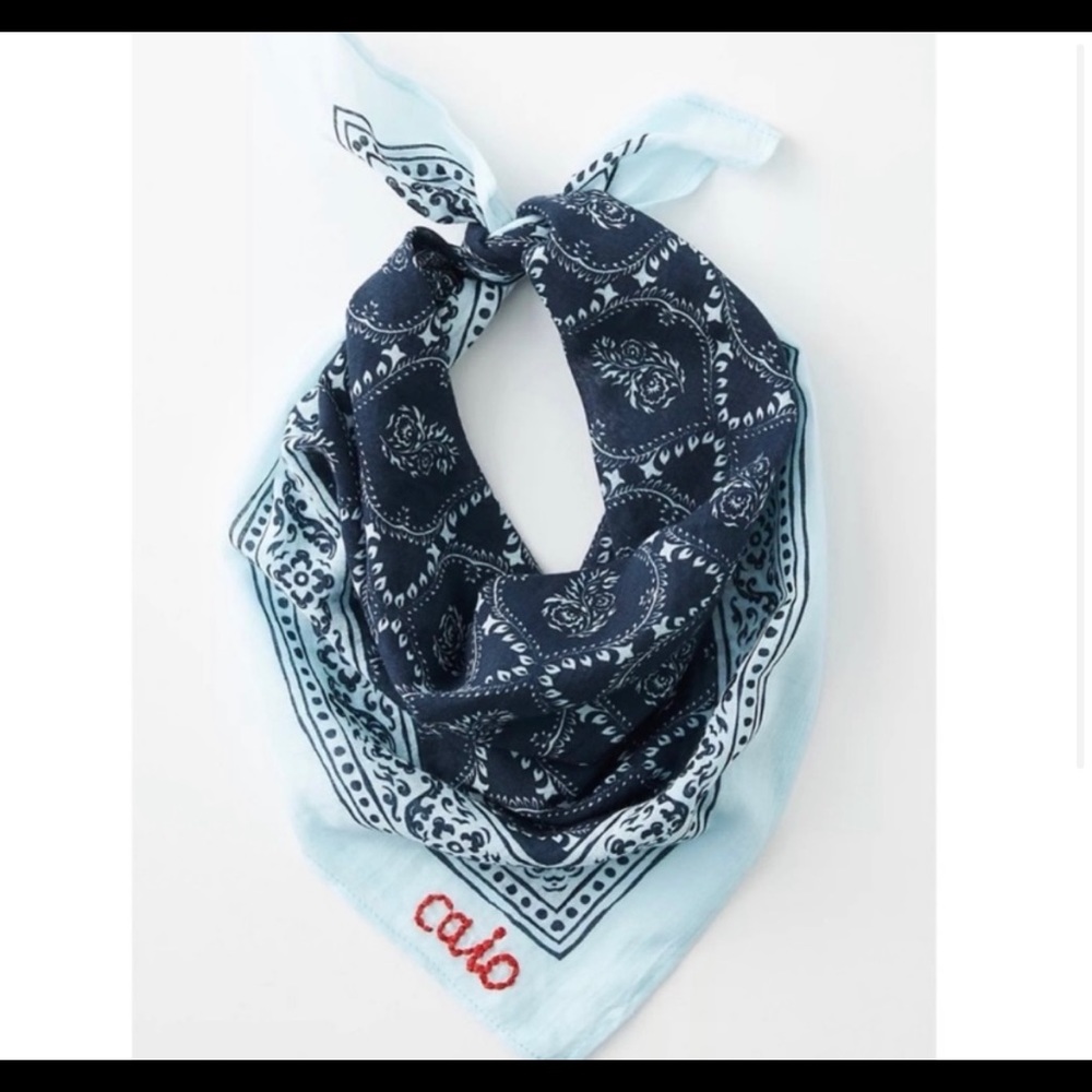 ANTHROPOLOGIE Blue Sweet Sentiments Embroidered Caio Scarf Bandana